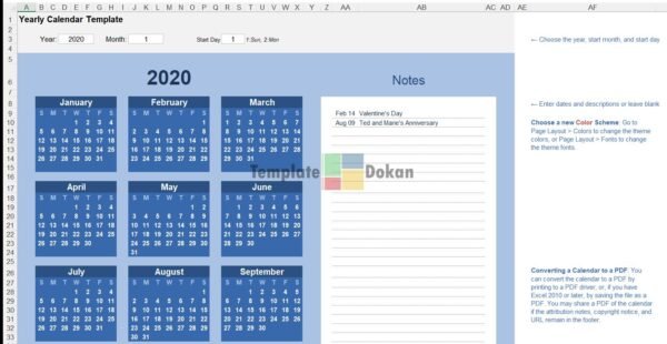 Yearly Calendar Landscape With Notes Bold Theme